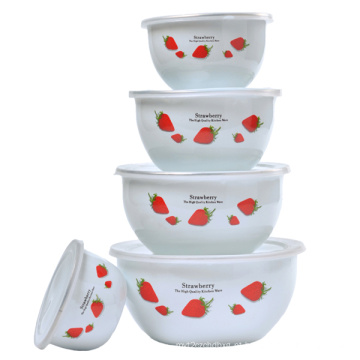 Tigela de salada esmalte 5pcs set com tampa de plástico